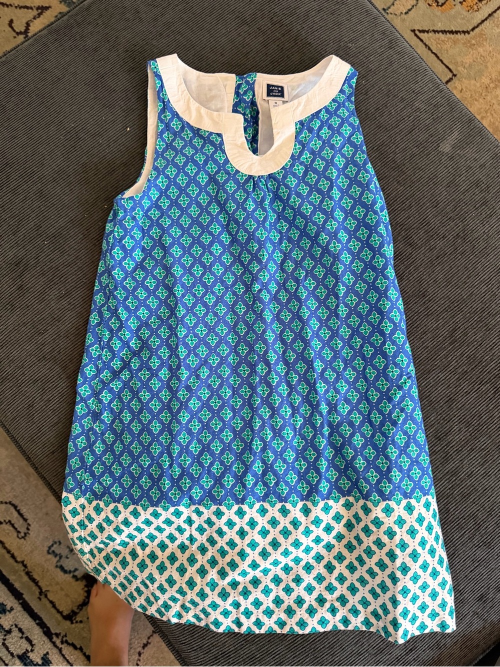 Janie and Jack Blue Floral Patterned Sleeveless Dress with White Trim